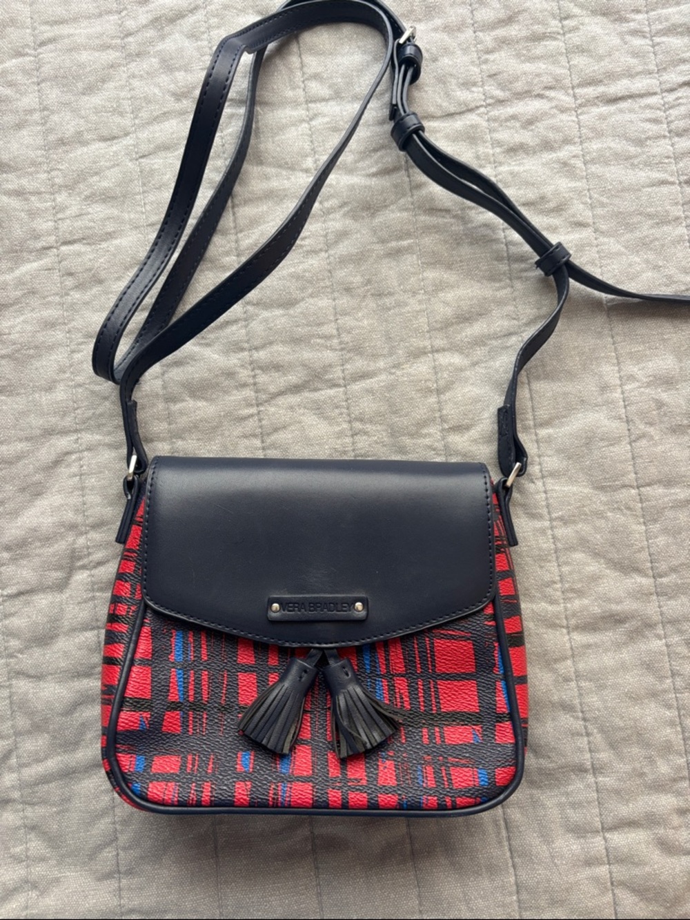 Vera Bradley Red Plaid Crossbody with Navy Flap and Tassels